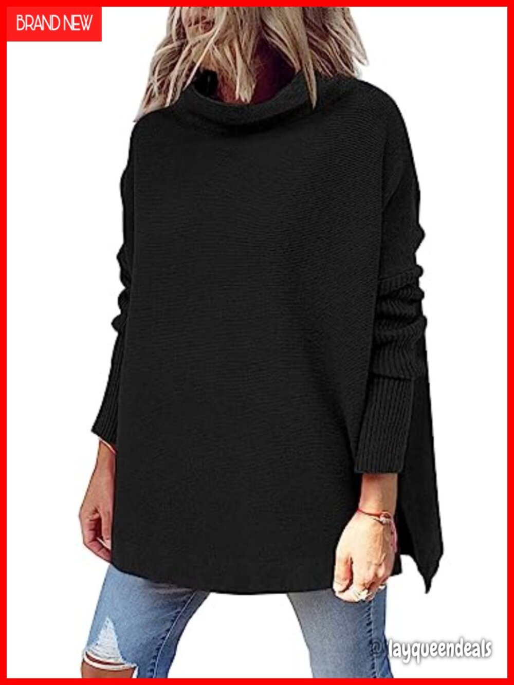 Mock Turtleneck Oversized Long Tunic Sweater Batwing Sleeve Pullover